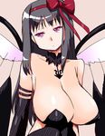  akemi_homura akuma_homura alternate_breast_size bags_under_eyes bare_shoulders black_hair bow breasts commentary_request elbow_gloves gloves hair_bow hair_ribbon huge_breasts long_hair mahou_shoujo_madoka_magica mahou_shoujo_madoka_magica_movie ribbon shinama solo spoilers wings 