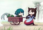  :d animal_ears bangs blue_hair blush_stickers boots brooch brown_hair cart chibi curly_hair day dirt_road dress fang head_fins imaizumi_kagerou japanese_clothes jewelry kimono long_dress long_hair looking_at_another looking_back lying mermaid monster_girl multiple_girls on_stomach open_mouth outdoors pushcart red_eyes road short_hair smile street_dog touhou tree wakasagihime walking wolf_ears 