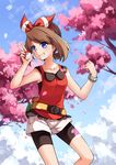  bad_id bad_pixiv_id bike_shorts blue_eyes blue_sky bracelet brown_hair cherry_blossoms cloud day fanny_pack grin hair_ribbon haruka_(pokemon) highres holding holding_poke_ball jewelry looking_at_viewer poke_ball pokemon pokemon_(game) pokemon_oras ribbon short_shorts shorts sidelocks sky sleeveless smile solo tank_top transistor v 