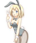  a-ktoo blonde_hair blue_eyes blush breasts bunny_tail bunnysuit medium_breasts open_mouth pantyhose short_hair solo tail wrist_cuffs 