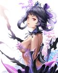  black_gloves black_hair black_princess bow breasts cleavage cross cross_necklace elbow_gloves gloves hair_bow jewelry looking_at_viewer medium_breasts necklace pink_eyes revealing_clothes short_hair sindy six_heart_princess skirt solo teiue_tamaki tiara underboob 