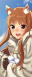  animal_ears brown_hair highres holo kawakami_rokkaku long_hair open_mouth protected_link red_eyes smile snowball solo spice_and_wolf 