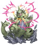  gen_2_pokemon looking_at_viewer no_humans open_mouth pearl7 pokemon pokemon_(creature) simple_background solo tyranitar white_background 