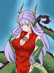  animal_ears blush breasts bursting_breasts buttons china_dress chinese_clothes claws cleavage dragon dragon_ears dragon_girl dress eastern_dragon head_fins highres horns lamia large_breasts long_hair mithril_(pixiv9140955) monster_girl monster_girl_encyclopedia popped_button purple_hair ryuu_(monster_girl_encyclopedia) scales solo tail wardrobe_malfunction yellow_eyes 