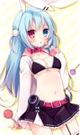  :p animal_ears bikini_top blue_hair blurry bunny_ears candy collar depth_of_field food hair_bobbles hair_ornament heterochromia holding hoshi_(snacherubi) lollipop long_hair looking_at_viewer navel original pleated_skirt skirt solo tongue tongue_out 