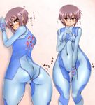  against_wall ass blush bodysuit breasts cameltoe cosplay huge_ass looking_at_viewer looking_back metroid nagato_yuki nintendo parted_lips purple_hair samus_aran samus_aran_(cosplay) short_hair skin_tight suzumiya_haruhi_no_yuuutsu thick_thighs thighs translation_request wide_hips yukirin_(nagatoyuki_ibukifuko) zero_suit 