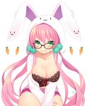  :3 animal_hood bad_id bad_pixiv_id breasts bunny_hood byulzzimon carrot cleavage fang glasses green_eyes hair_bobbles hair_ornament highres hood jacket large_breasts long_hair long_sleeves original pink_hair smile solo |_| 