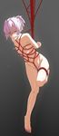 arms_behind_back bdsm blue_eyes blush bondage bound breasts crotch_rope full_body gag gagged kantai_collection navel nipple_clamps nipples nose_hook pink_hair ponytail pussy_juice red_rope rope ruby-eye shibari shiranui_(kantai_collection) short_hair short_ponytail small_breasts solo suspension 