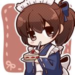  alternate_costume apron bloom2425 blush_stickers brown_eyes brown_hair cake chibi enmaided food fruit hair_ribbon kaga_(kantai_collection) kantai_collection looking_at_viewer maid maid_headdress plate ribbon side_ponytail slice_of_cake solo spoon spoon_in_mouth strawberry strawberry_shortcake 