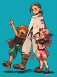  2boys blue_background child cloak darry_adai dress gimmy holding_hands multiple_boys pointing poncho rossiu skyloop19 stuffed_animal stuffed_toy tengen_toppa_gurren_lagann younger 