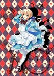  :d ahoge alice_(wonderland) alice_(wonderland)_(cosplay) alice_in_wonderland animal_ears argyle argyle_background artoria_pendragon_(all) blonde_hair cardigan club_(shape) cosplay crown diamond fate/stay_night fate_(series) fork green_eyes heart mary_janes open_mouth pantyhose playing_card_theme postmark saber shoes smile solo spade_(shape) watch white_legwear yuki_hikari 