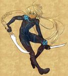  1boy artist_request blonde_hair blue_eyes character_request child copyright_request long_hair male male_focus md5_mismatch piyo ponytail solo spandex weapon 