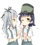  arare_(kantai_collection) black_hair bow collared_shirt food food_on_face hair_bow hair_ornament hat holding ice_cream ice_cream_cone kantai_collection kasumi_(kantai_collection) long_hair multiple_girls napkin one_eye_closed ooyama_imo shirt short_hair short_sleeves side_ponytail silver_hair skirt suspenders wiping_face yellow_eyes 