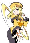  anbe_masahiro black_legwear blonde_hair blue_eyes cowboy_shot dress guilty_gear guilty_gear_xrd hat jewelry long_hair long_sleeves millia_rage orange_hat pantyhose prehensile_hair ring short_dress simple_background solo thumb_ring white_background yellow_dress 