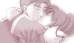  1boy 1girl dress embrace eyes_closed fire_emblem fire_emblem:_rekka_no_ken hector hector_(fire_emblem) hug kiss lyndis_(fire_emblem) monochrome ponytail shirt 