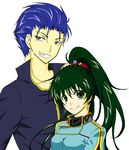  1boy 1girl blue_eyes blue_hair dress fire_emblem fire_emblem:_rekka_no_ken green_eyes green_hair hector hector_(fire_emblem) konno lyndis_(fire_emblem) ponytail shirt 