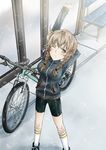  ;&lt; amane_suzuha arm_up bicycle bike_shorts braid brown_eyes brown_hair dutch_angle feet_out_of_frame from_above ground_vehicle jacket long_hair looking_at_viewer looking_up one_eye_closed solo steins;gate stretch track_jacket twin_braids yukiharu 