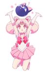  arms_up back_bow bad_id bad_pixiv_id bishoujo_senshi_sailor_moon boots bow brooch chibi_usa choker double_bun elbow_gloves full_body gloves hair_ornament hairpin jewelry knee_boots luna-p magical_girl pink_choker pink_hair pink_sailor_collar pink_skirt pleated_skirt red_eyes ribbon sailor_chibi_moon sailor_collar sailor_senshi_uniform saki_(hxaxcxk) short_hair skirt smile solo tiara twintails white_background white_gloves 
