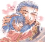  1boy 1girl beard blue_hair eyes_closed facial_hair father_and_daughter fire_emblem fire_emblem:_fuuin_no_tsurugi happy hector hector_(fire_emblem) hug laughing lilina lowres smile 
