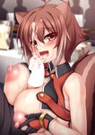  1girl animal_ears areolae blazblue blush breast_squeeze breasts brown_hair censored cum cum_in_mouth cum_on_hair ejaculation erect_nipples facial fellatio fox_ears gloves highres huge_breasts licking looking_at_viewer makoto_nanaya nipples no_bra open_clothes open_mouth oral paizuri penis public red_eyes short_hair smile squirrel_ears sweat table tail tongue triangle! 