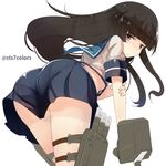  ass bad_id bad_pixiv_id bangs black_hair blunt_bangs brown_eyes from_behind hatsuyuki_(kantai_collection) kantai_collection leaning_forward long_hair looking_at_viewer machinery school_uniform serafuku short_sleeves simple_background skirt solo sts twitter_username very_long_hair white_background 