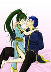  1boy 1girl barefoot blue_eyes blue_hair blush dress fire_emblem fire_emblem:_rekka_no_ken green_eyes green_hair hector hector_(fire_emblem) konno lyndis_(fire_emblem) ponytail shirt smile 