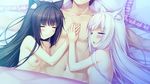  2girls :3 alternate_hairstyle animal_ears bed blush breasts cat_ears chestnut_mouth chocola_(sayori) closed_eyes cuddling frilled_pillow frills girl_sandwich hair_down holding_hands long_hair multiple_girls naked_sheet nekopara nipples nude pillow sandwiched sayori sleeping small_breasts torso vanilla_(sayori) white_hair 