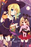  black_dress black_legwear blonde_hair blue_eyes brown_hair colored_stripes dark_feather_alma dress emil_chronicle_online garter_straps halloween hat hoshi_(snacherubi) jack-o'-lantern le_fay_lore long_hair mini_hat mini_top_hat moon multiple_girls pointy_ears short_hair striped striped_legwear thighhighs top_hat wings witch_hat zettai_ryouiki 