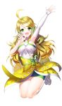  ahoge aile_(crossroads) arm_up blonde_hair blush boots breasts detached_sleeves fang full_body green_eyes hoshii_miki idolmaster idolmaster_(classic) large_breasts long_hair open_mouth solo transparent_background vital_sunflower white_footwear 