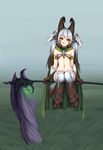  :q animal_ears baphomet_(monster_girl_encyclopedia) blush bracelet brown_hair cape commentary demon_girl flat_chest fur goat_eyes gradient_hair grass green_eyes head_tilt highres hooves horns jewelry long_hair looking_at_viewer monorus monster_girl monster_girl_encyclopedia monster_girl_saga multicolored_hair navel planted_weapon scythe sitting skull solo symbol-shaped_pupils tail tongue tongue_out twintails two-tone_hair weapon white_hair 