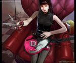  blue_eyes brown_hair cat copyright_request guitar instrument jasmine_t jewelry pantyhose ring scissors solo 