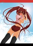  alastor_(shakugan_no_shana) ass buruma from_below gym_uniform jewelry kagura_takeshi long_hair looking_back pendant red_eyes red_hair shakugan_no_shana shana shirt_lift thighhighs twintails 