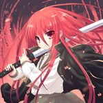  alastor_(shakugan_no_shana) black_jacket carrying_over_shoulder from_side hair_between_eyes hiraga_matsuri holding holding_sword holding_weapon index_finger_raised jacket jacket_on_shoulders jewelry long_hair long_sleeves looking_at_viewer necklace pendant red_background red_eyes red_hair school_uniform serafuku shakugan_no_shana shana shirt straight_hair sword two-handed unsheathed upper_body very_long_hair weapon white_shirt 