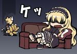  alternate_costume black_background chen chibi couch gothic_lolita haniwa_(leaf_garden) headdress lolita_fashion long_hair multiple_girls no_hat no_headwear open_mouth pillow scared shaded_face shoes short_hair sitting socks sweatdrop touhou trembling yakumo_ran yakumo_yukari 