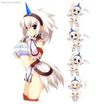  &gt;_&lt; :d bandeau blue_eyes blush blush_stickers chibi closed_eyes dancing earrings hairband horn jewelry kinoshita_ichi kirin_(armor) kyu_kyu_kyu_nyaa midriff monster_hunter open_mouth smile solo strapless tubetop white_hair 