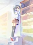  book bookshelf copyright_request ponytail school_uniform serafuku shoes skirt solo takoyaki_(roast) thighhighs tiptoes uwabaki zettai_ryouiki 