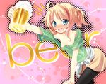  :d ahoge alcohol bad_id bad_pixiv_id beer black_legwear blonde_hair blue_eyes blush downblouse drunk esia_mariveninne fang komone_ushio looking_at_viewer open_mouth original pantyhose short_hair skirt smile solo 