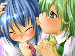  aki_(akikaze_asparagus) biting blue_hair blush cirno closed_eyes daiyousei ear_biting green_eyes green_hair holding_hands multiple_girls touhou yuri 