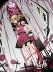  6u_(eternal_land) bad_id bad_pixiv_id blonde_hair blood blurry cross dutch_angle flandre_scarlet flat_color one_side_up pouring red_eyes skull solo touhou window wings 