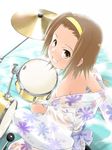  bare_shoulders bow brown_eyes brown_hair drum drum_set drumsticks from_above grin hairband instrument japanese_clothes k-on! kimono kimono_pull looking_up see-through short_hair smile solo tainaka_ritsu undressing wancho water yukata 