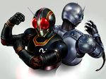  antennae armor back-to-back bodysuit grey_background headgear highres kamen_rider kamen_rider_black kamen_rider_black_(series) multiple_boys sei_mon shadow_moon simple_background upper_body 