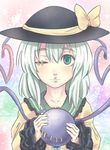  aqua_eyes earrings eyeball eyebrow_piercing eyelid_piercing green_eyes hands hat heart jewelry komeiji_koishi kouzilow piercing short_hair silver_hair solo tongue_piercing touhou 