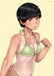  arm_up ayumu_(zenkou) bikini black_hair breasts cleavage dated green_bikini grin looking_at_viewer medium_breasts navel one-piece_tan orange_eyes original shiny shiny_skin short_hair simple_background smile solo swimsuit tan tanline upper_body yellow_background zenkou 