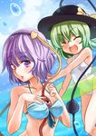  bad_id bad_pixiv_id beach between_breasts bikini breasts closed_eyes eyes green_hair hairband hat heart innertube komeiji_koishi komeiji_satori looking_at_viewer mamepon multiple_girls purple_eyes purple_hair short_hair siblings sisters smile swimsuit touhou water wet white_swimsuit 