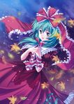  aqua_eyes aqua_hair arm_ribbon bad_id bad_pixiv_id bow dress front_ponytail hair_bow hair_ribbon hands_clasped kagiyama_hina leaf long_hair looking_at_viewer open_mouth own_hands_together pico_(picollector79) red_dress ribbon smile solo touhou 