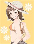  alternate_eye_color amami_haruka bad_id bad_pixiv_id bare_shoulders bikini_top brown_eyes brown_hair grin hat highres idolmaster idolmaster_(classic) koko_(kotobutyann) looking_back smile solo 