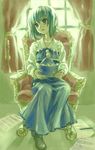 absurdres ama-tou armchair bad_id bad_pixiv_id blue_eyes bob_cut chair face full_body green_hair hat hat_removed headwear_removed highres holding holding_hat layla_prismriver sad sheet_music short_hair sitting solo tears touhou window 