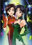  90s bare_shoulders black_hair breasts brown_hair china_dress chinese_clothes cleavage dress elbow_gloves gloves green_dress green_eyes green_gloves highres kobayakawa_miyuki large_breasts long_hair multiple_girls nakajima_atsuko open_mouth purple_eyes red_dress red_gloves short_hair side_slit tsujimoto_natsumi v you're_under_arrest 