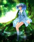  bad_id bad_pixiv_id blue_dress blue_eyes blue_hair blush dress kawashiro_nitori long_sleeves nanato outdoors pond short_hair sitting soaking_feet solo touhou twintails two_side_up water 