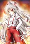  cowboy_shot fujiwara_no_mokou hands_in_pockets long_hair looking_at_viewer multi-tied_hair pants red_eyes solo suspenders takise touhou very_long_hair 